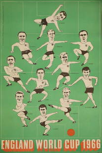 A 1966 England World Cup poster,: A 1966 England World Cup poster, a rare and attractive 1966 England World Cup poster, featuring funny caricatures of Gordon Banks, Jackie Charlton, Bobby Moore, Nobby Stiles, Bobby Charlton, Martin Pe