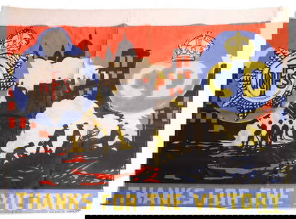 A Second World War National Fire Service and Civil Defence flag or banner,: A Second World War National Fire Service and Civil Defence flag or banner, c.1940s, a rare screenprinted linen panel, 'Thanks for the Victory', with colourful silhouette images of London in flames and