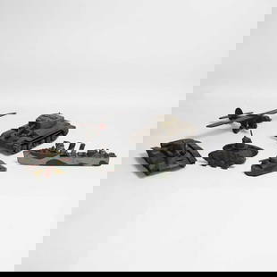Six Second World War scratch-built military vehicles,: Six Second World War scratch-built military vehicles, c.1940s, metal and wood, including four tanks, an airplane, and a gunship, largest 50cm wide (6)