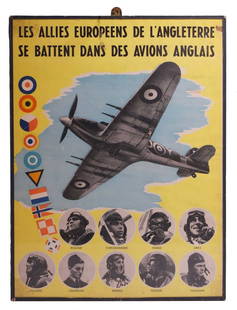 An RAF Second World War propaganda poster,: An RAF Second World War propaganda poster, c.1940, coloured lithograph, an early propaganda poster for the RAF and the Joint-Allied Air Forces, depicting Hawker Hurricane aircraft and fighter Aces of