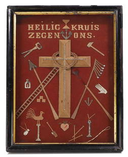 A memento mori Tools of Christ, 'Arma Christi' diorama,: A memento mori Tools of Christ, 'Arma Christi' diorama, 19th century, Dutch, a diorama display of the crucifixion with a cross draped with a crown of thorns, surrounded by instruments of the passion,