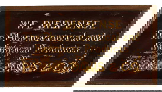 A Chemist's reverse-painted glass sign,: A Chemist's reverse-painted glass sign, 19th century, carved gilded lettering, 34 x 65cm, framed