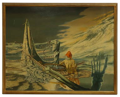 G...T... (20th century): G...T... (20th century) Surrealist scene with a skeletal hand and harlequin indistinctly signed G...T...' l.l., oil on board 100 x 127cm Condition Report: Framed: 107 x 135cm Circa 1960s/70s. Discolou