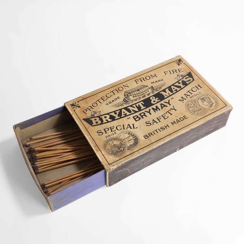 An oversized advertising matchbox,: An oversized advertising matchbox, mid-20th century, for Bryant & Mays 'Brymay' special safety match, the cardboard box containing a quantity of oversized matches, 19cm wide 31cm deep 6.5cm high Condi
