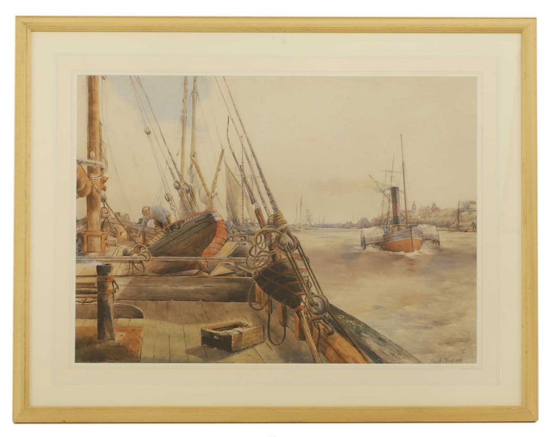 Robert Frank Thirkettle (1849-1916): Robert Frank Thirkettle (1849-1916) A fishing boat and a paddle-steam tug in an estuary, signed 'Frank Thirkettle' l.r., watercolour heightened with white over pencil, 56 x 75cm Thirkettle was known f