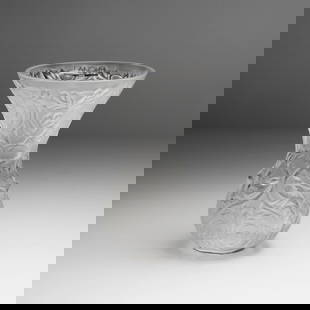 A Lalique 'Arabesque' glass vase,: A Lalique 'Arabesque' glass vase, 20th century, of waisted form, moulded with birds amongst foliate scrolls, engraved 'Lalique France', 13cm high Condition Report: No apparent flaws to vase, with stic