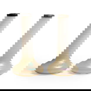 A pair of iridescent vases,: A pair of iridescent vases, of bottle neck form, with fitted silver collars, 19cm high (2) Condition Report: Roughness to the base. Denting to the collar and tarnishing.