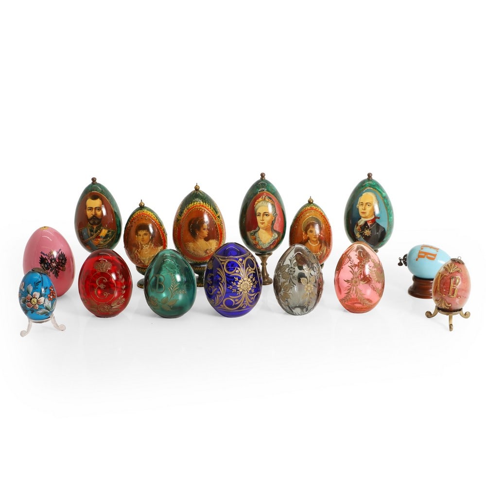 Five Russian cut and coloured glass egg ornaments (1 of 2)