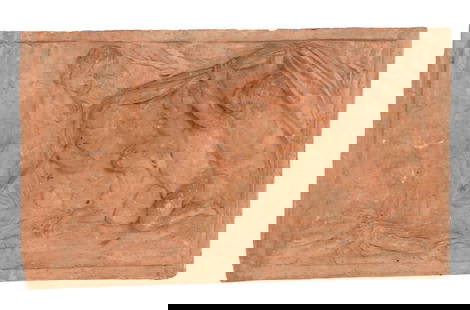 A terracotta garden plaque,: A terracotta garden plaque, with classical putti decoration in relief, 78cm wide 49cm high