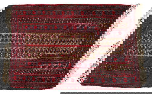 An Afghan prayer rug,: An Afghan prayer rug, the red fields with central pendant within multi border, 66 x 75cm Condition Report: minor wear