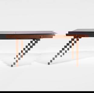 A Danish extending dining table,: A Danish extending dining table, c.1960s, an extending rosewood dining table, the rectangular top over four tapered legs, 293.5cm wide 106.5cm deep 72.5cm high Article 10 Transaction Specific Certific