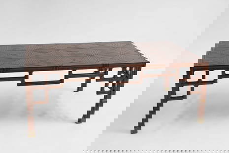 A large rectangular bamboo styled coffee table,: A large rectangular bamboo styled coffee table, with brass capped legs, a rectangular shaped apron 121cm wide 70cm deep 45cm high Condition Report: marks and wear to surface, chips to edges, loose fit