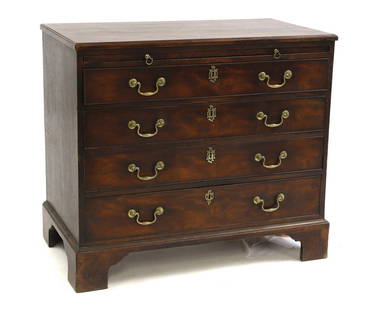 A George III mahogany chest of drawers,: A George III mahogany chest of drawers, third quarter 18th century, the rectangular top above a brushing slide and four graduated drawers, raised on bracket feet, 83cm wide 52.2cm deep 93cm high Condi