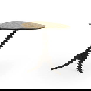 An ebonised and fruit wood inlaid tripod table,: An ebonised and fruit wood inlaid tripod table, 19th century, with an inlaid chessboard to the top, 78cm diameter 74cm high Condition Report: Table top warped and some surface coming away. Loss to som