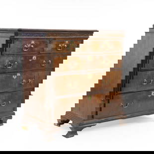 A George III mahogany chest of drawers,: late 18th century, with moulded frieze, to canted corners, two short drawers over three long, on ogee bracket feet107cm wide52.5cm deep111cm highCondition Report: Later, moulding added. Historic repai