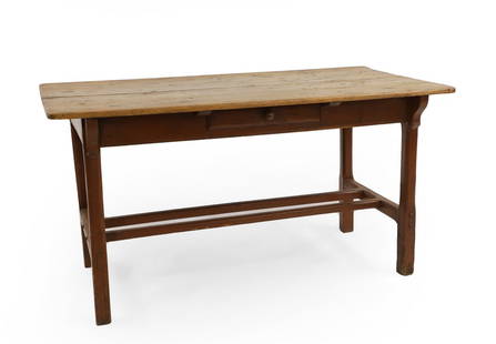 A pine and painted farmhouse table,: A pine and painted farmhouse table, 18th century, French, with a four plank top united by double stretcher, 143cm wide 74cm deep 75.5cm high Condition Report: Signs of historic worm. Loss and chips to