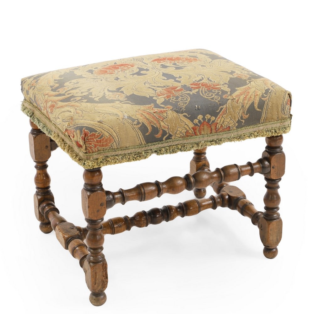 A walnut framed upholstered stool, (1 of 2)