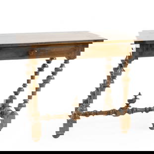 A walnut side table,: A walnut side table, 18th century, French, with single drawer, united by turned H-stretcher, and cleated end top, 90cm wide 62cm deep 76cm high Condition Report: Ring marks and watermarks to top. Draw