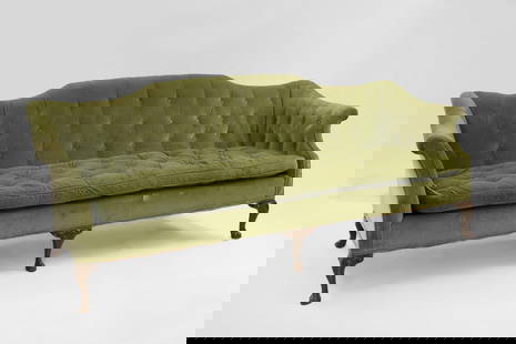 A Chesterfield style settee,: A Chesterfield style settee, upholstered in green velvet style material, on cabriole legs, 206cm wide 81cm deep 85cm high
