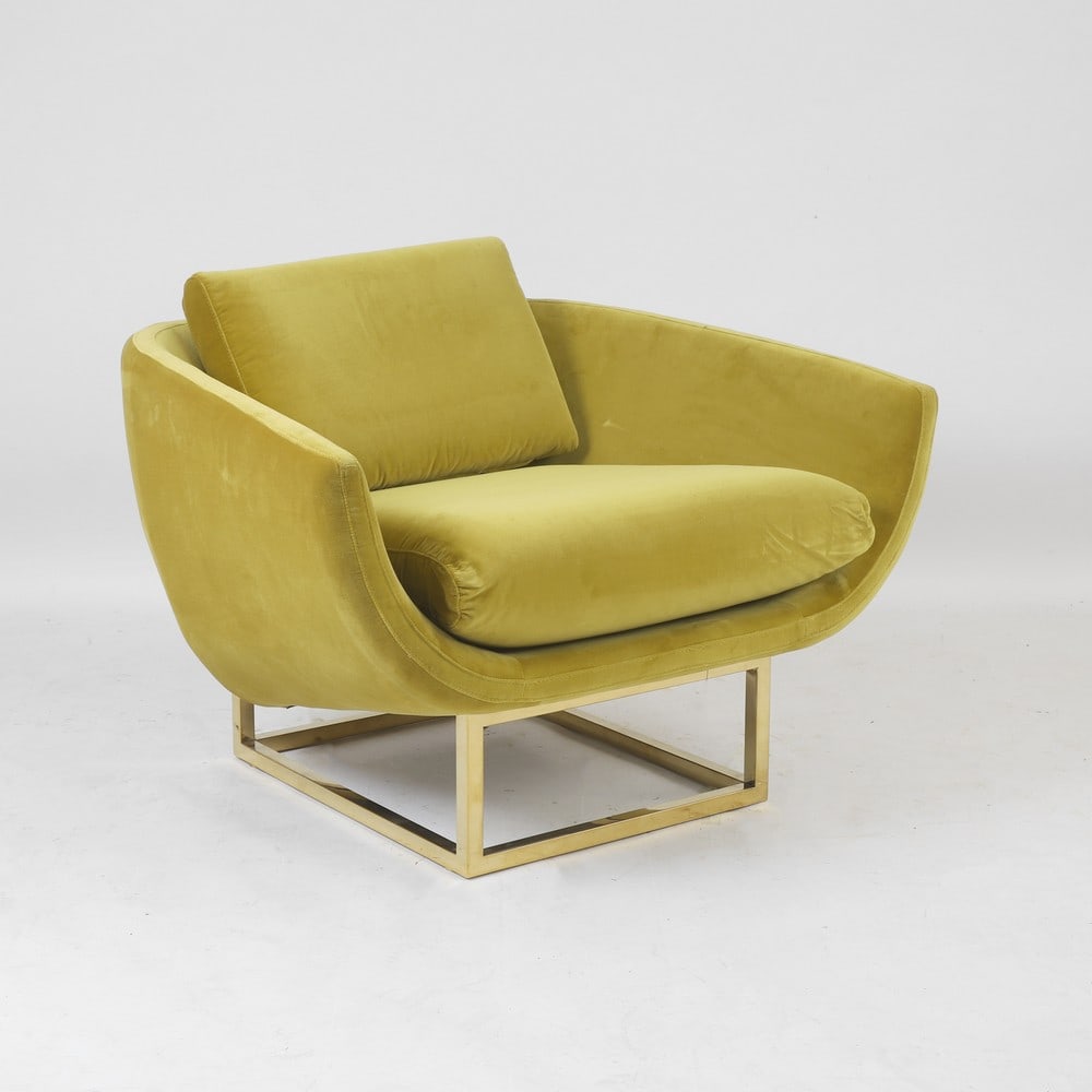 Jonathan Adler (American, b.1966): Jonathan Adler (American, b.1966) a 'Beaumont' armchair, of recent manufacture, upholstered in mustard yellow velvet, over a polished brass square frame, with embossed plaque 'Jonathan Adler' to the u