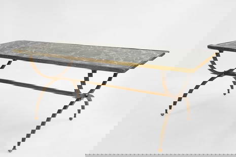 A rectangular dining table,: A rectangular dining table, verde antico marble brass bound top on curved gilt metal supports, 199cm wide 76.5cm deep 77cm high