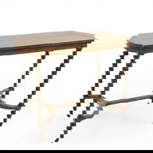 An Edwardian rosewood side table,: An Edwardian rosewood side table, the shaped rectangular top with inlaid detail, on turned supports, united by a H-stretcher, 91.5cm wide 50cm deep 71.5cm high Condition Report: water damage to finish