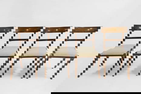 A set of four Regency mahogany/satinwood and ebonised line inlaid dining chairs,: A set of four Regency mahogany/satinwood and ebonised line inlaid dining chairs, the curved cresting rail with Greek key pattern type inlay over bars and slip-in seats, raised on sabre legs, 46cm wide