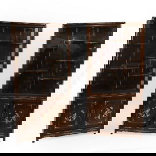 A pair of Chinese inlaid rosewood and mother of pearl display cabinets,: A pair of Chinese inlaid rosewood and mother of pearl display cabinets, 20th century, the fitted single glazed door enclosing an arrangement of shelves above a pair of panel doors with inlaid centres