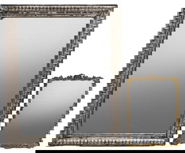 A wall mirror,: A wall mirror, 19th century and later, the rectangular plate within a silver gilt frame, 65 x 52cm together with a smaller gilt framed mirror, with floral surmount, 34 x 24cm (2)