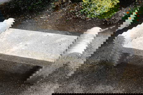 A modern Japanese white granite bench,: A modern Japanese white granite bench, with scroll ends, 130cm wide 40cm deep 56cm high Condition Report: Lightly weathered with no signs of damage