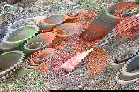 A collection of terracotta plant pots,: A collection of terracotta plant pots, of recent manufacture, of typical forms, largest 44cm high (qty.) Condition Report: Chips, knocks and wear. A couple with hairline cracks. Lichen residue.