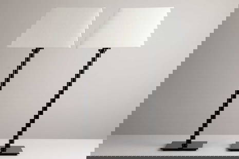 A pair of tall black-metal table lamps,: A pair of tall black-metal table lamps, of recent manufacture, each mounted on a square plinth, 71.5cm high to top of fitting plinth 23cm square (2)