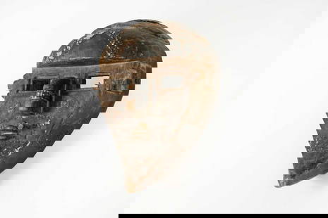 An aluminium-bound carved wood mask,: An aluminium-bound carved wood mask, Democratic Republic of the Congo, Lwalwa or Lwalu people, the broad forehead above square, stepped eyes, a rounded nose, small mouth and pointed chin, 28cm wide 19