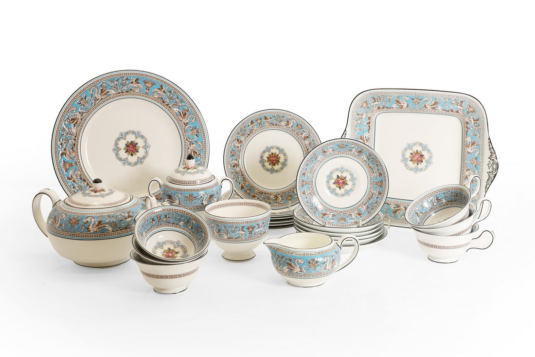 LOT WITHDRAWN A collection of Wedgwood Turquoise Florentine dinnerwares,: A collection of Wedgwood Turquoise Florentine dinnerwares, of recent manufacture, composed, mainly marked W2714, comprising, six cups and saucers,14.5cm diameter, a lidded sugar bowl, 15cm high, a sug