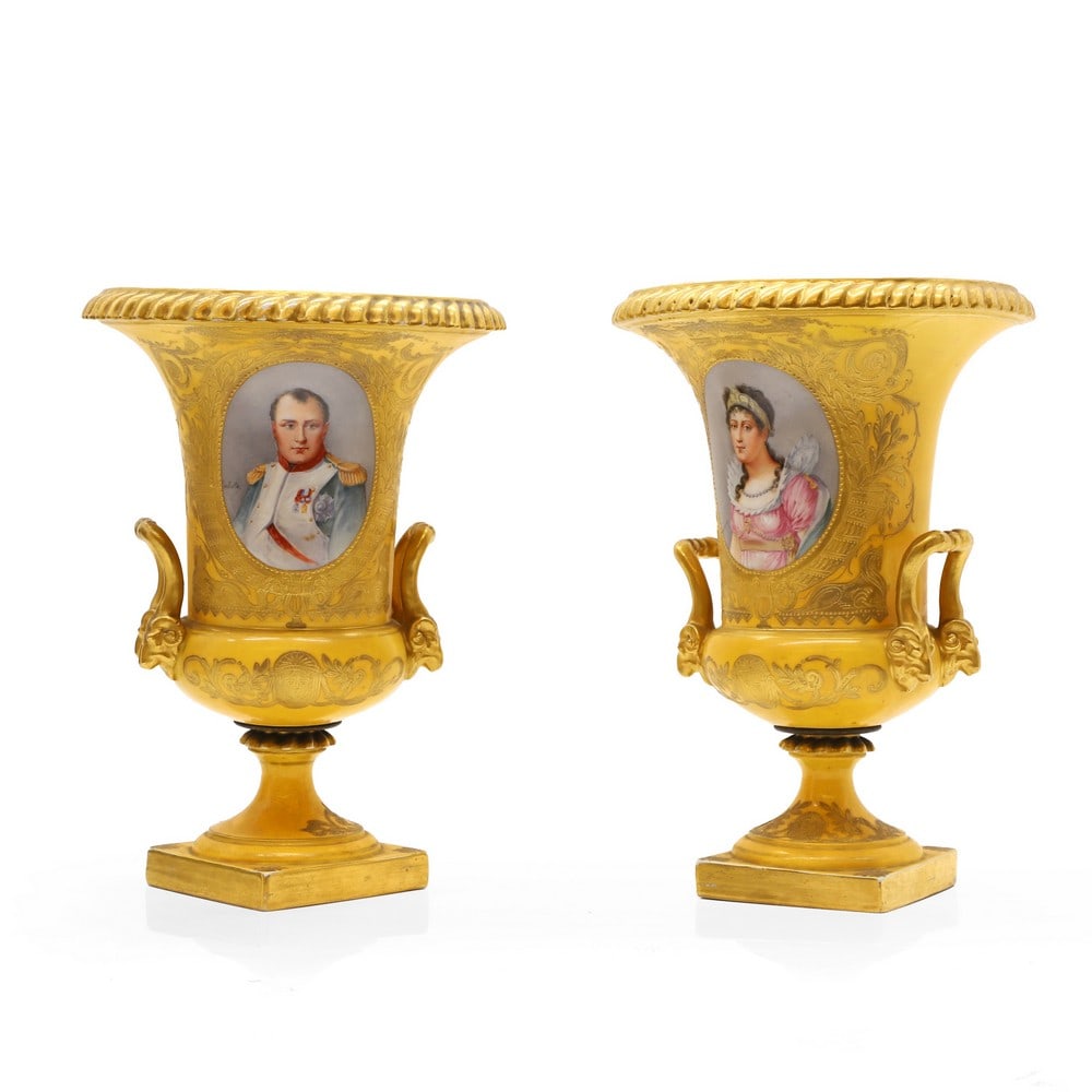A pair of Sèvres style yellow ground twin handled vases, (1 of 2)