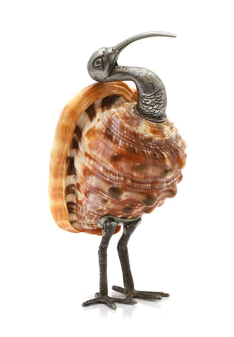A silver plated-mounted shell model of an ibis,: A silver plated-mounted shell model of an ibis, in the manner of Anthony Redmile, the conch shell with a mounted head and legs, 12cm wide 12cm deep 23cm high
