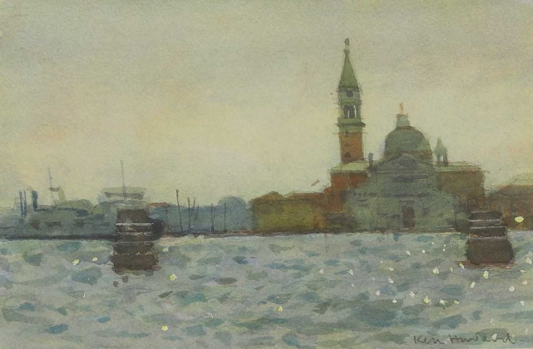▲ Ken Howard RA (1932-2022): ▲ Ken Howard RA (1932-2022) San Giorgio Maggiore signed 'Ken Howard' l.r., inscribed with title and dated 'Sept 89' on backboard verso, watercolour 12.5 x 17.5cm Condition Report: Framed: 30.5 x