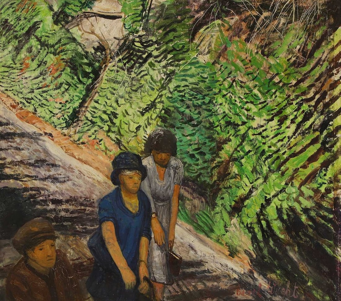 ▲ Carel Weight CH RA (1908-1997): ▲ Carel Weight CH RA (1908-1997) 'Three People in a Lane' signed 'Carel Weight' l.r., oil on canvas 45.5 x 51cm Provenance: With New Grafton Gallery, London, where purchased by Dr and Mrs W Bull