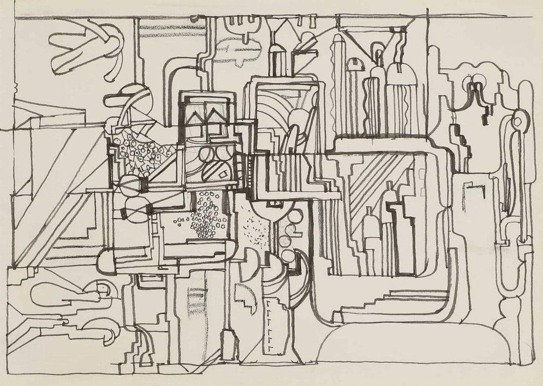 ▲ Sir Eduardo Paolozzi RA (1924-2005): ▲ Sir Eduardo Paolozzi RA (1924-2005) Untitled pencil, pen and ink and black chalk sheet 17.5 x 25.5cm Provenance: The artist's estate; thence by descent. Condition Report: Mount: 30.5 x 38.5cm