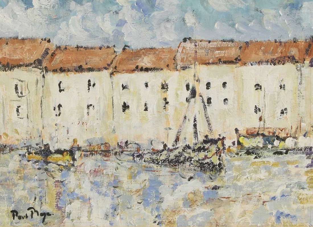 ▲ Paul Lucien Maze (French-British, 1887-1979): ▲ Paul Lucien Maze (French-British, 1887-1979) Harbour scene signed 'Paul Maze' l.l., oil on paper 20.5 x 28.5cm Provenance: Mrs Lola Hahn-Warburg of Lexten House, Middleton Cheney, Northamptons