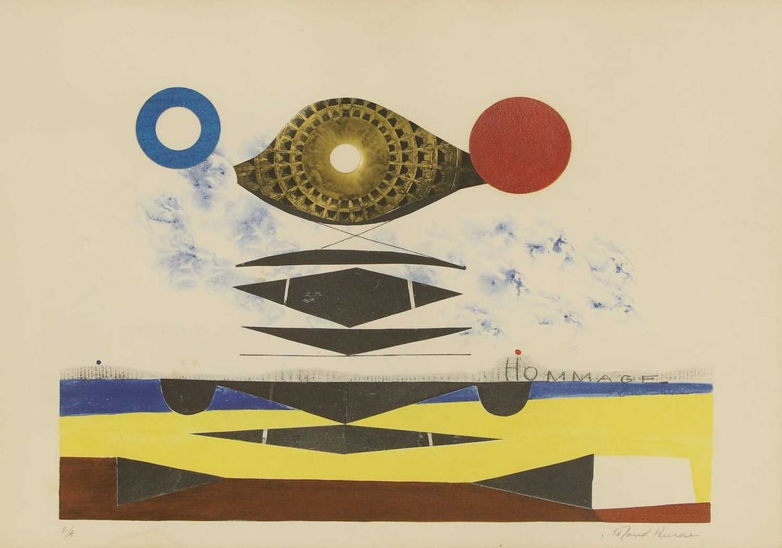 ▲ Sir Roland Penrose (1900-1984): ▲ Sir Roland Penrose (1900-1984) 'Hommage a Man Ray' lithograph in colours with collage, artist's proof, signed 'Roland Penrose' in pencil l.r., and inscribed 'E/A' image 23.5 x 35cm Provenance:
