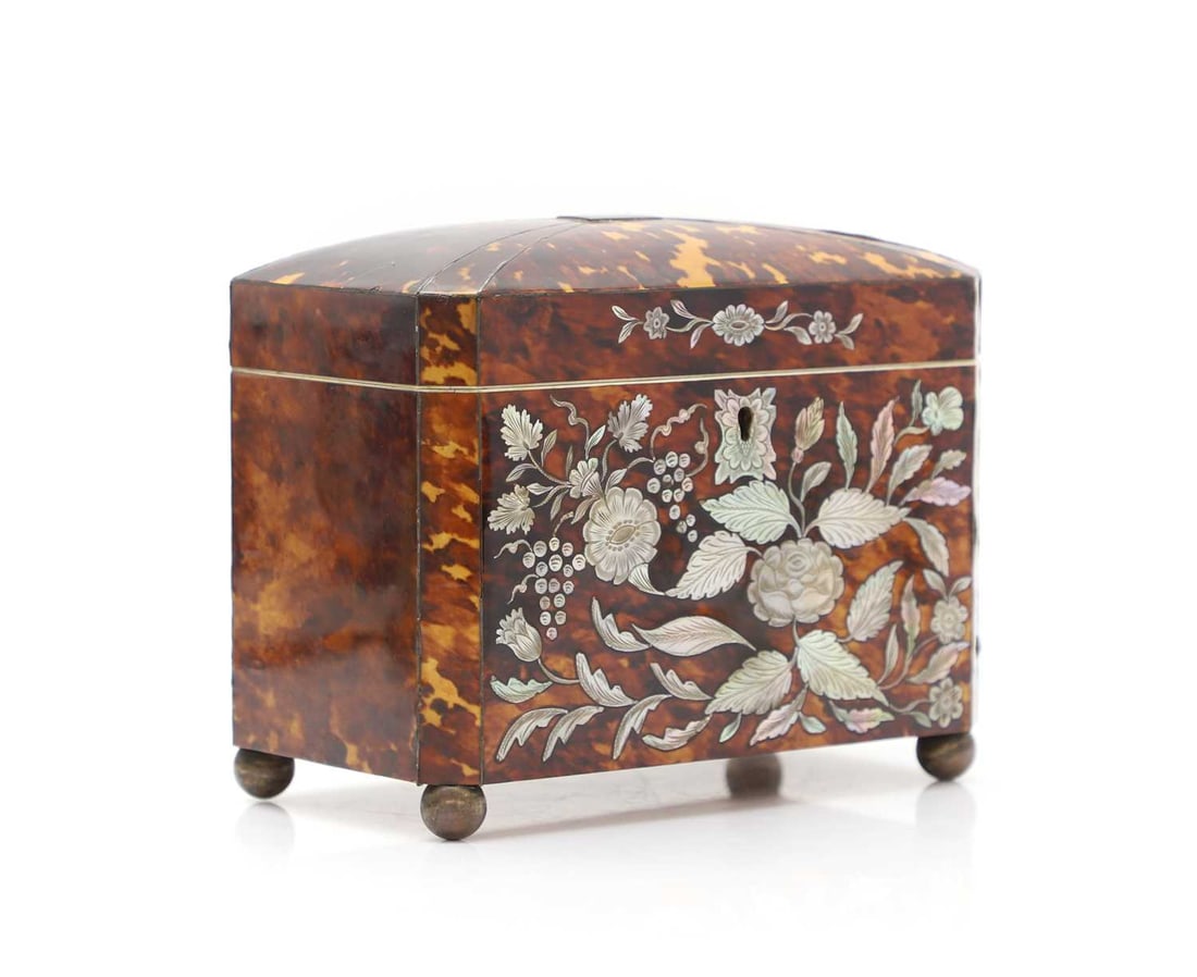 A Regency tortoiseshell, mother of pearl and ivory tea caddy, (1 of 3)