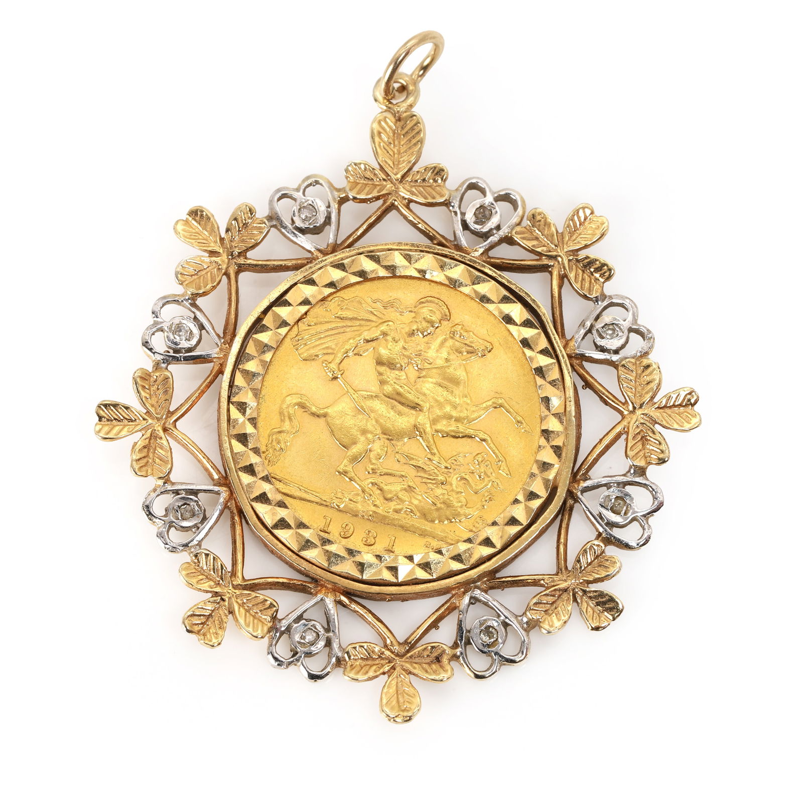 A sovereign coin pendant,: A sovereign coin pendant, with a George V full sovereign, dated 1931, spectacle set to a two colour gold diamond open mount, centred by an engine turned border, surrounded by white open hearts, each s