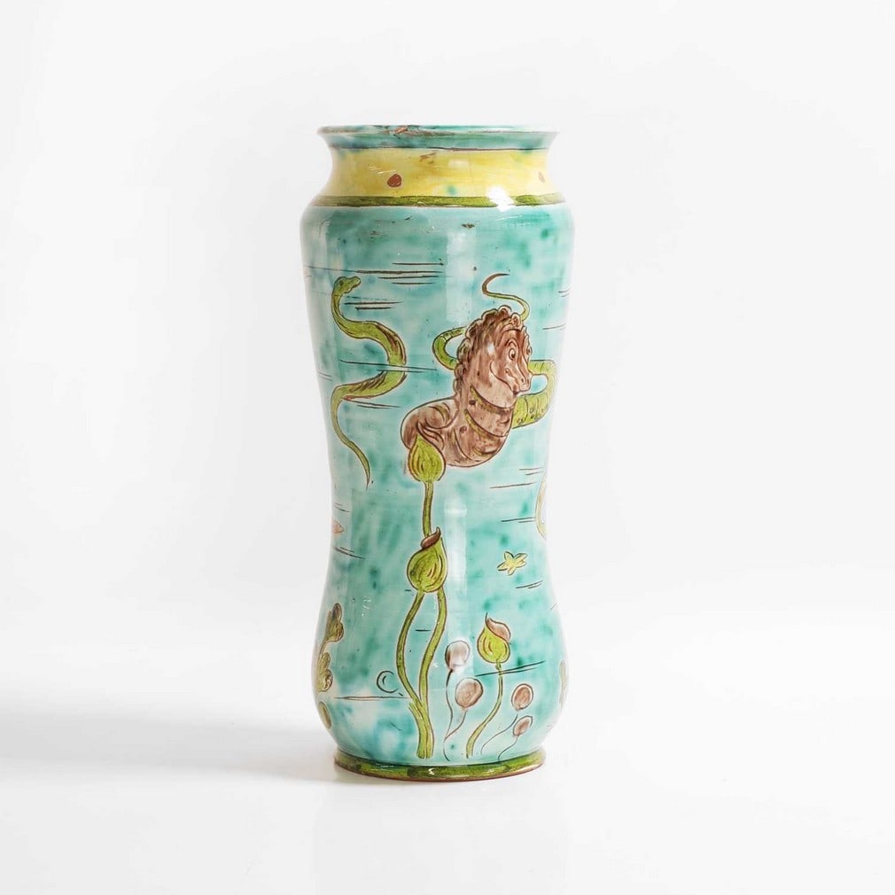 Della Robbia Pottery,: Della Robbia Pottery, an 'Albarello' vase, c.1900, of waisted form, incised with undersea creatures, a mermaid, a seahorse, snakes and fish, in green, turquoise, yellow and manganese glazes, with Gall
