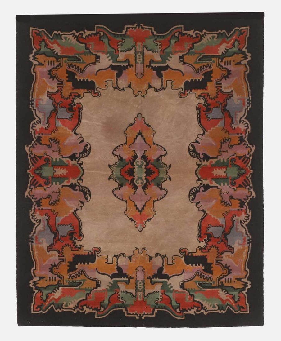 Manner of Jaap Gidding,: Manner of Jaap Gidding, an Art Deco Amsterdam School rug, 1920s, multicoloured wool with Tuschinski design, 178.5 x 142cm