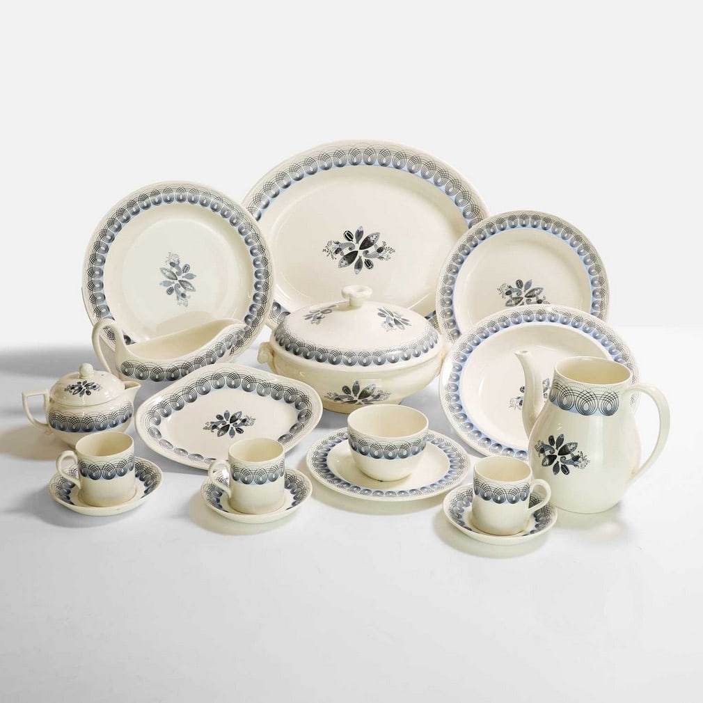 Eric Ravilious (1903-1942) for Wedgwood,: Eric Ravilious (1903-1942) for Wedgwood, a blue 'Persephone' part dinner and tea service, c.1930s, comprising six side plates, six salad plates, six dinner plates, six bowls, a meat dish, a vegetable