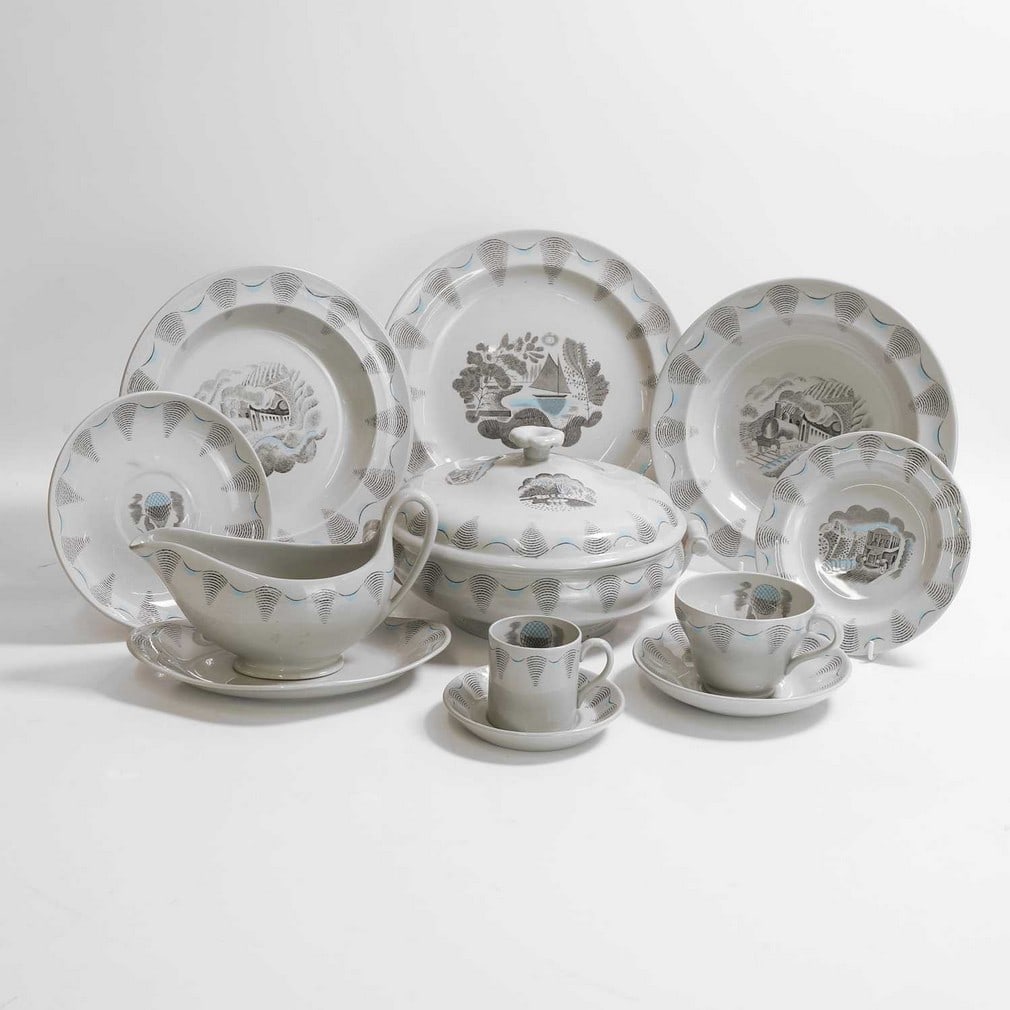 Eric Ravilious (1903-1942) for Wedgwood,: Eric Ravilious (1903-1942) for Wedgwood, a part 'Travel' dinner and tea service, c.1930s, comprising two lidded tureens, a sauce boat and small tray, a dinner plate, two bowls, a twin-handled soup bow