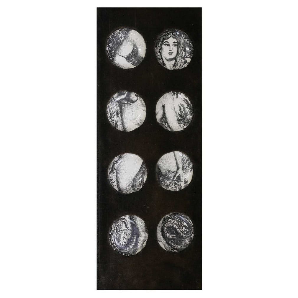 Piero Fornasetti (Italian, 1913-1988),: Piero Fornasetti (Italian, 1913-1988), a group of eight 'Eva' coasters, c.1965, lithographically-decorated and hand-painted ceramic, with printed retailer’s label Piero Fornasetti 1965, Made in