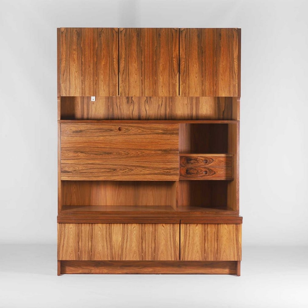 § Robert Heritage (1927-2008) for Archie Shine,: § Robert Heritage (1927-2008) for Archie Shine, a rosewood wall unit, c.1970s, designed for Archie Shine, the upper section with one double cupboard and a single cupboard opening to reveal a shel