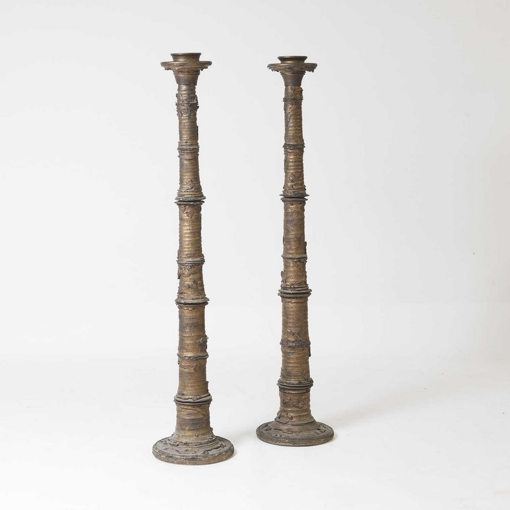 ▲ Peter Beard (b.1951),: ▲ Peter Beard (b.1951), a pair of large glazed stoneware candlesticks, each with painted initials, 24cm diameter 121cm high (2) Provenance: Acquired from Cecilia Colman Gallery, London, 1984.